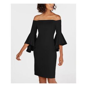 CALVIN KLEIN Womens Black Off Shoulder Knee Length Evening Sheath Dress 2